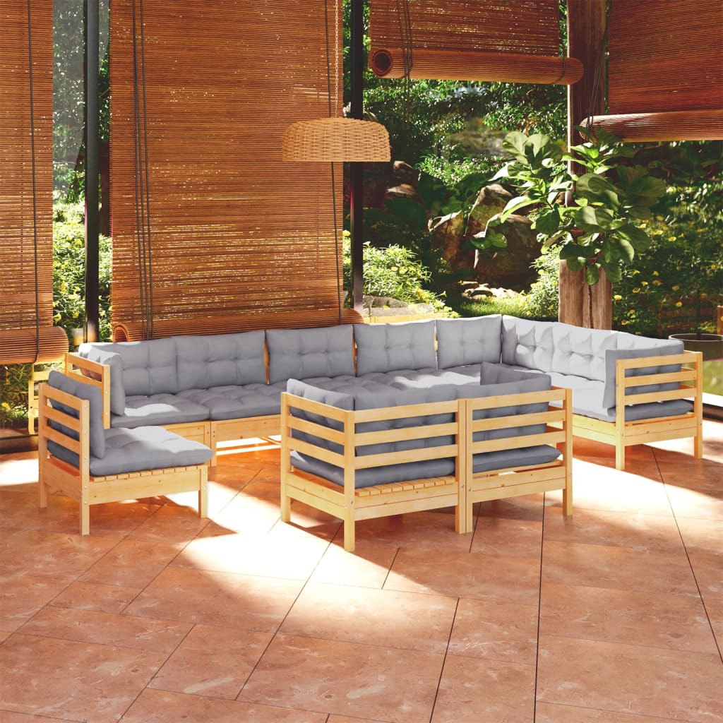 vidaXL 10-tlg. Garten-Lounge-Set mit Grauen Kissen Kiefer Massivholz