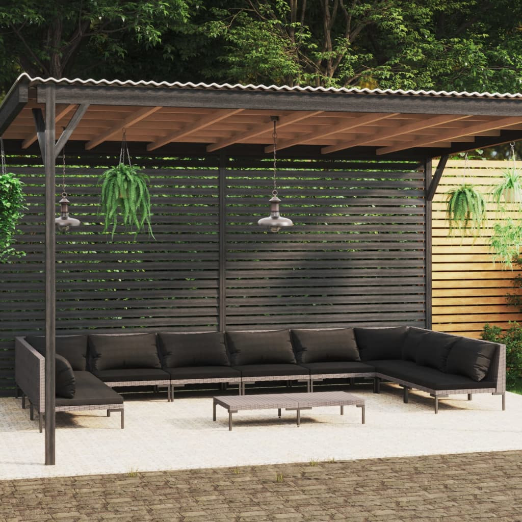 vidaXL 11-tlg. Garten-Lounge-Set mit Kissen Poly Rattan Dunkelgrau