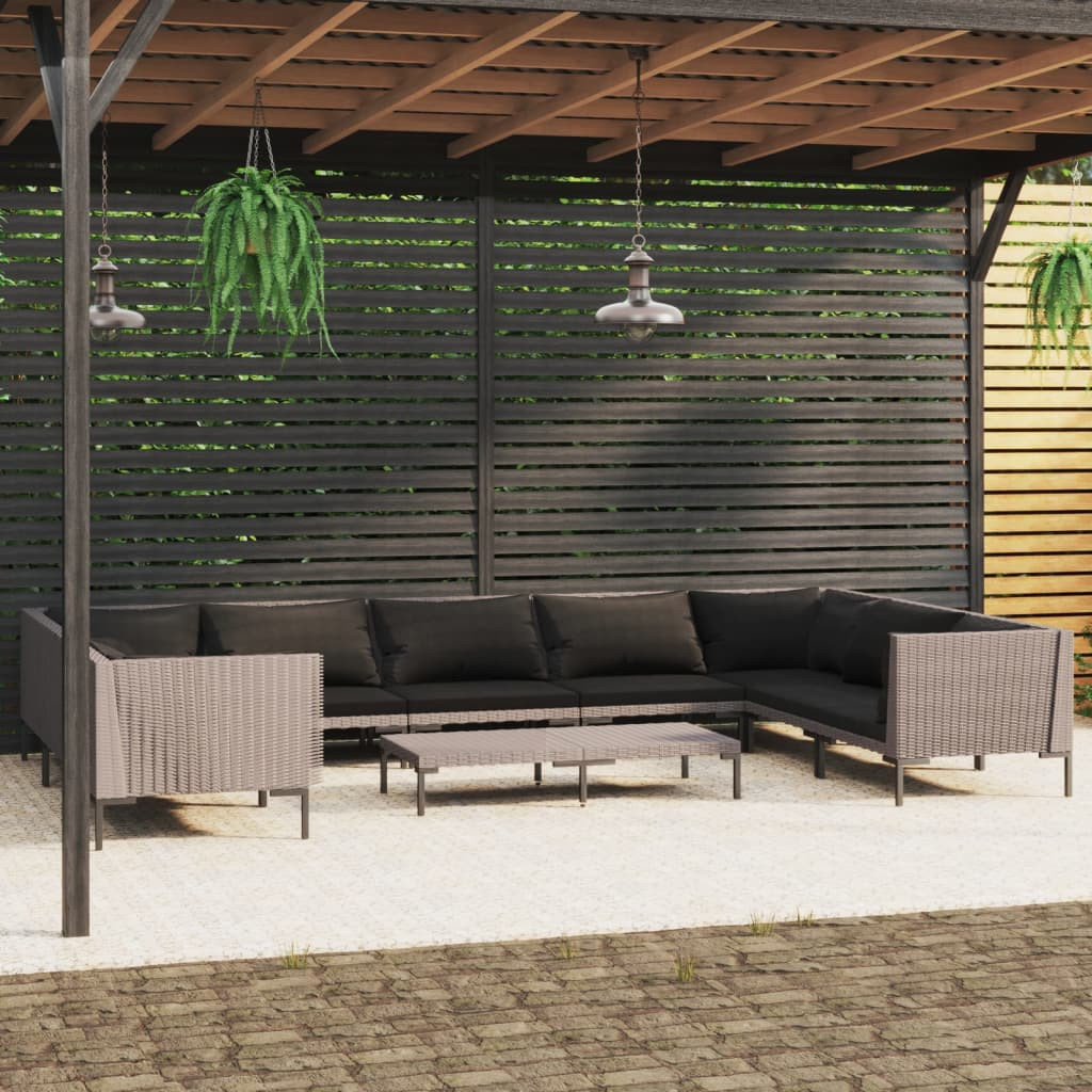 vidaXL 10-tlg. Garten-Lounge-Set mit Kissen Poly Rattan Dunkelgrau