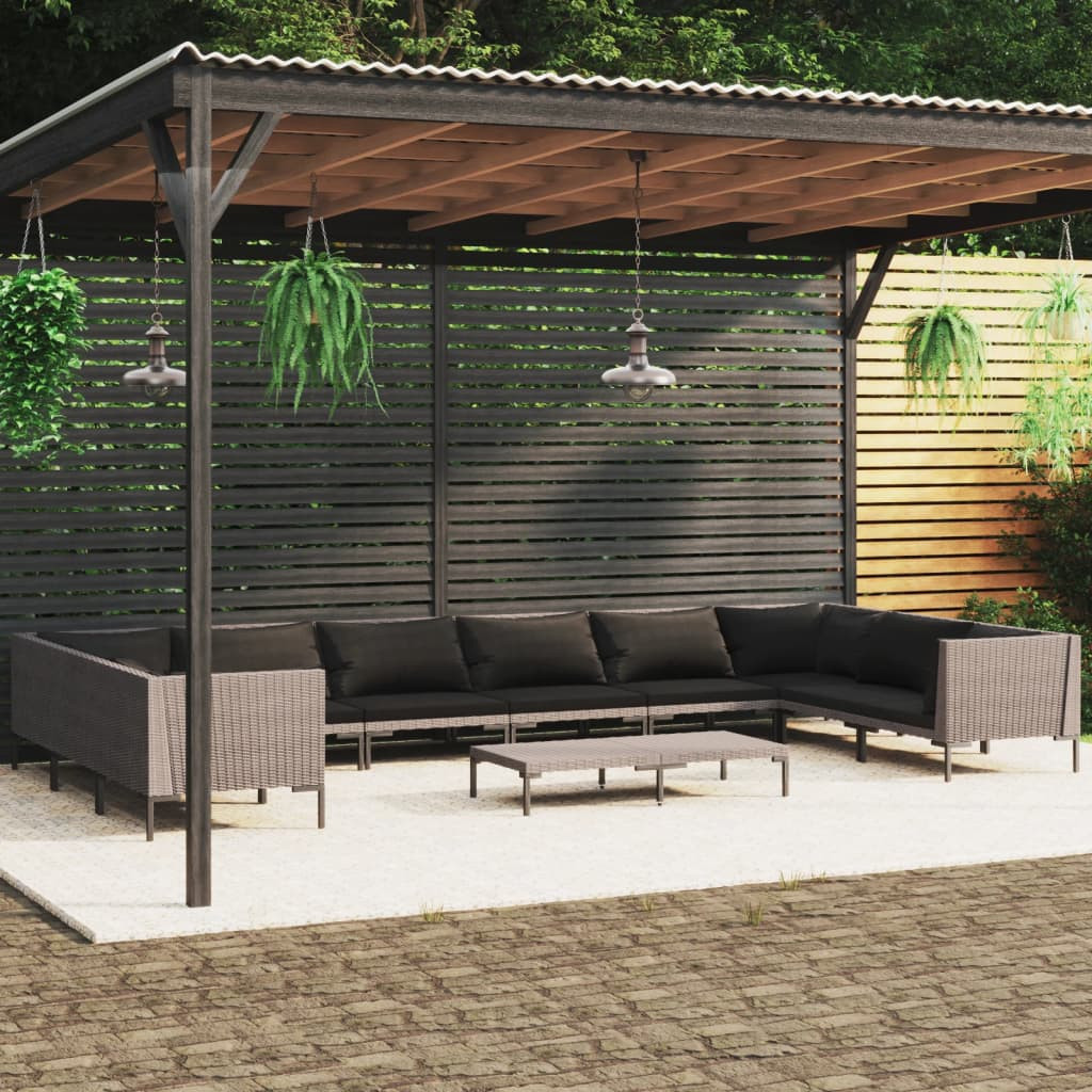 vidaXL 11-tlg. Garten-Lounge-Set mit Kissen Poly Rattan Dunkelgrau