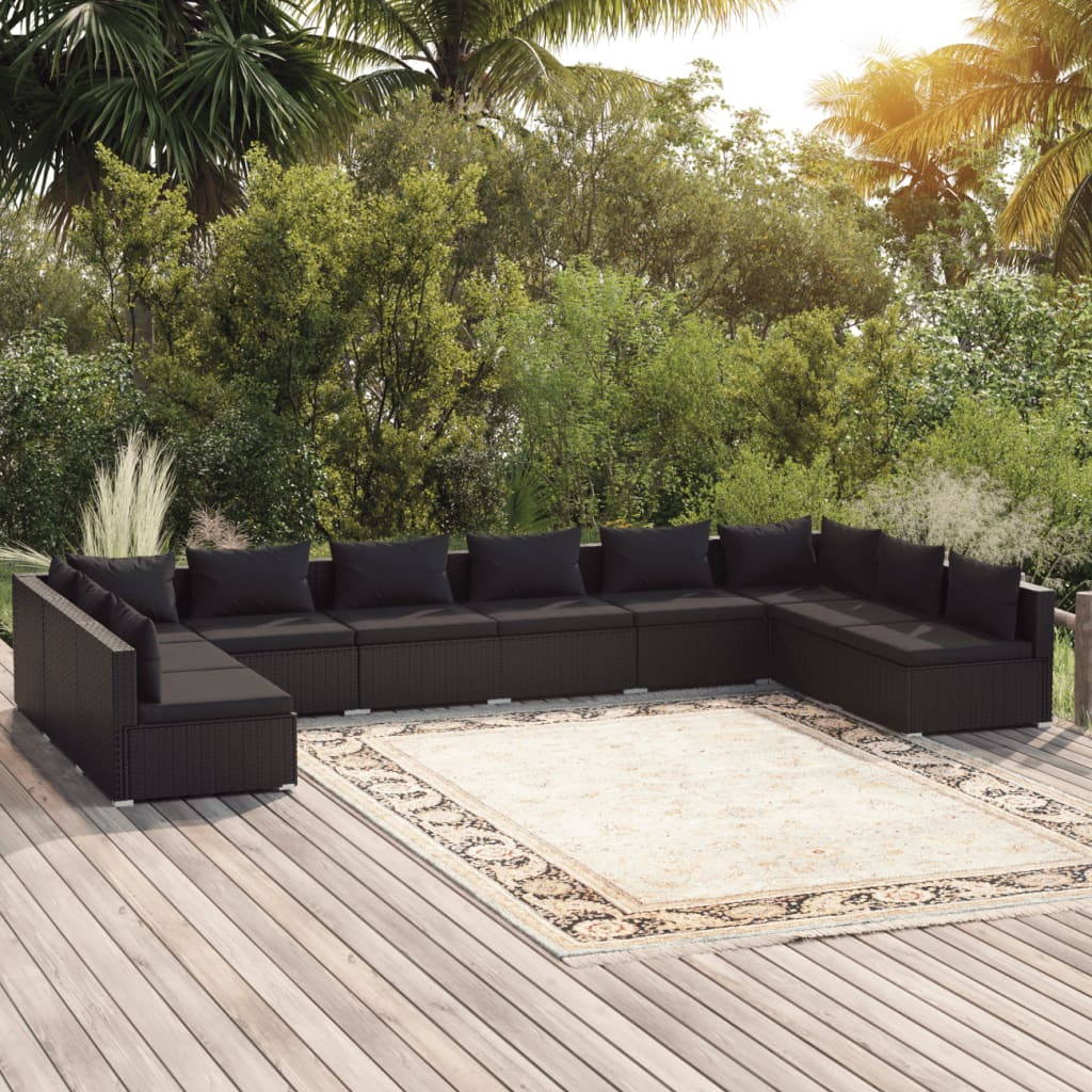 vidaXL 10-tlg. Garten-Lounge-Set mit Kissen Poly Rattan Schwarz
