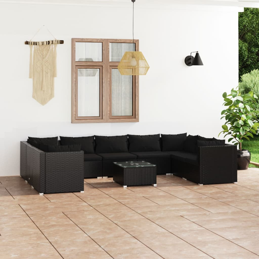 vidaXL 10-tlg. Garten-Lounge-Set mit Kissen Poly Rattan Schwarz