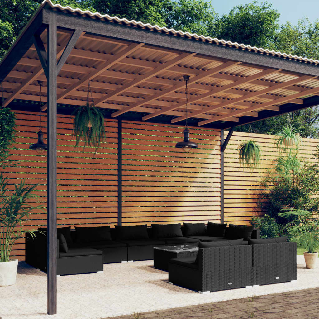 vidaXL 10-tlg. Garten-Lounge-Set mit Kissen Schwarz Poly Rattan