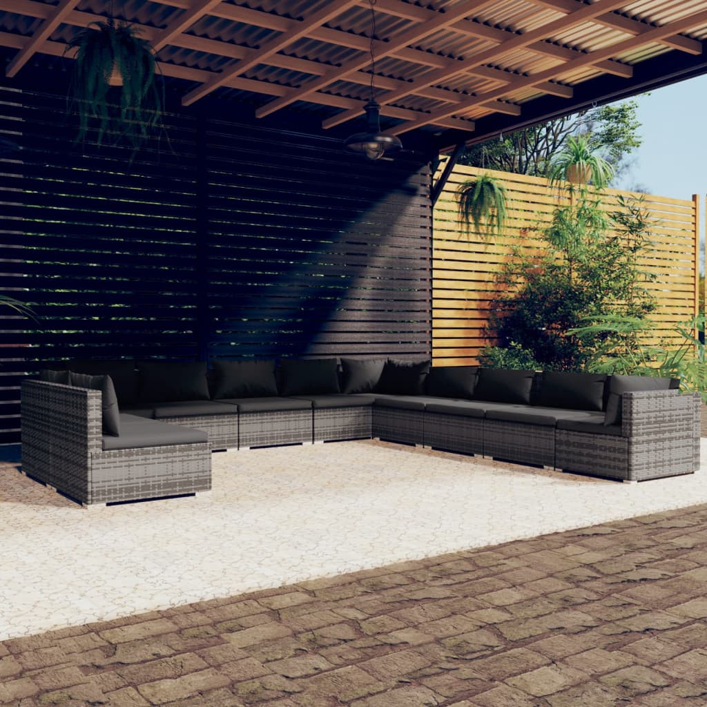 vidaXL 11-tlg. Garten-Lounge-Set mit Kissen Grau Poly Rattan