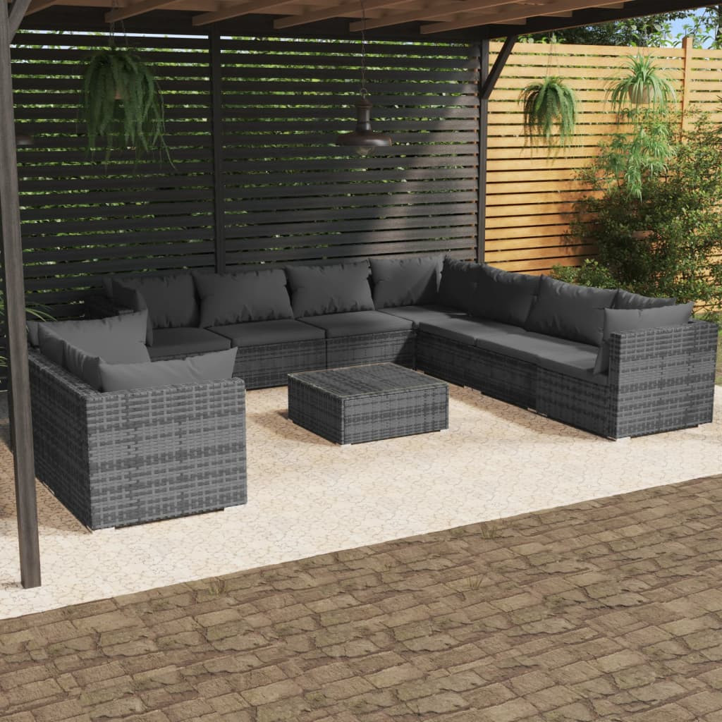 vidaXL 10-tlg. Garten-Lounge-Set mit Kissen Grau Poly Rattan
