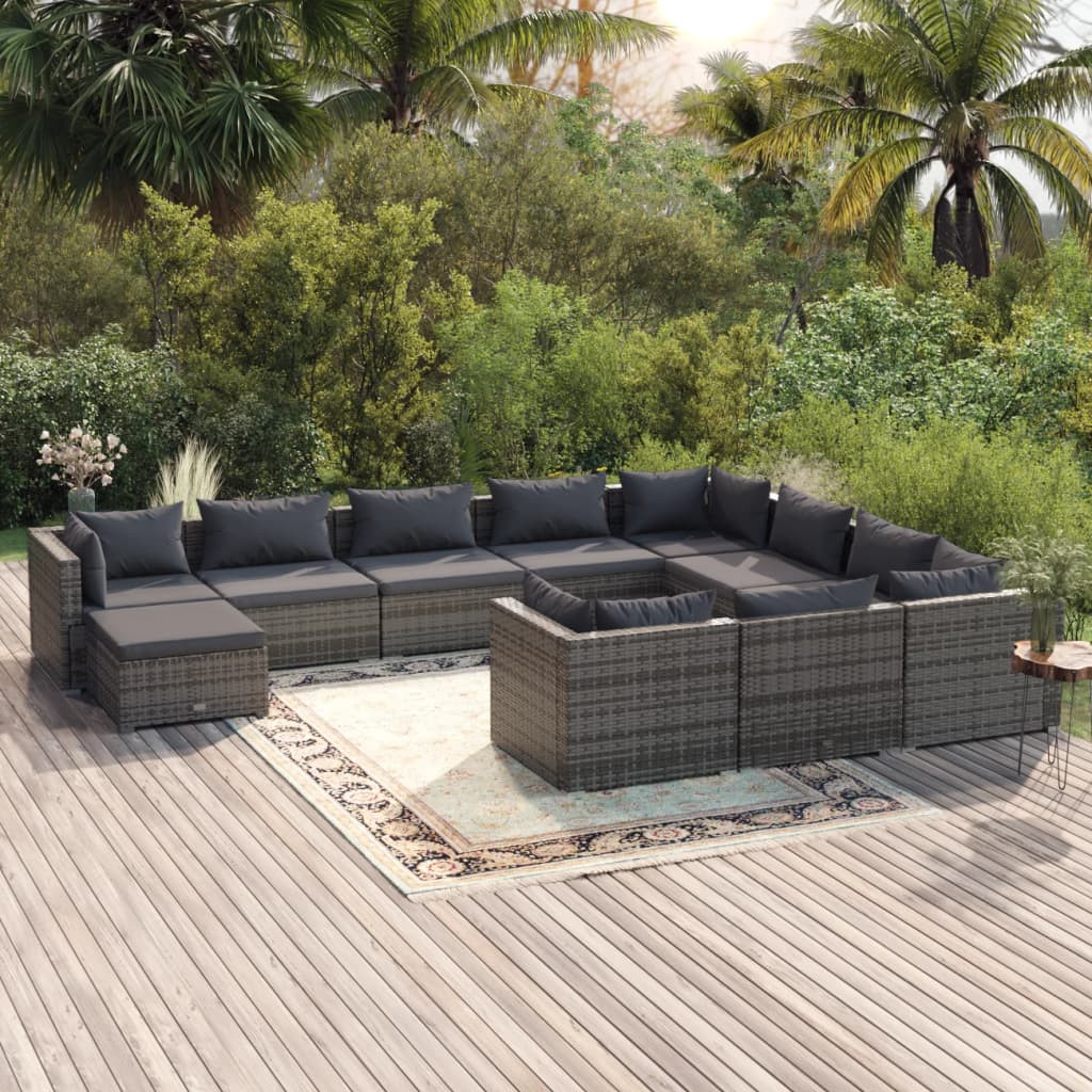 vidaXL 11-tlg. Garten-Lounge-Set mit Kissen Poly Rattan Grau