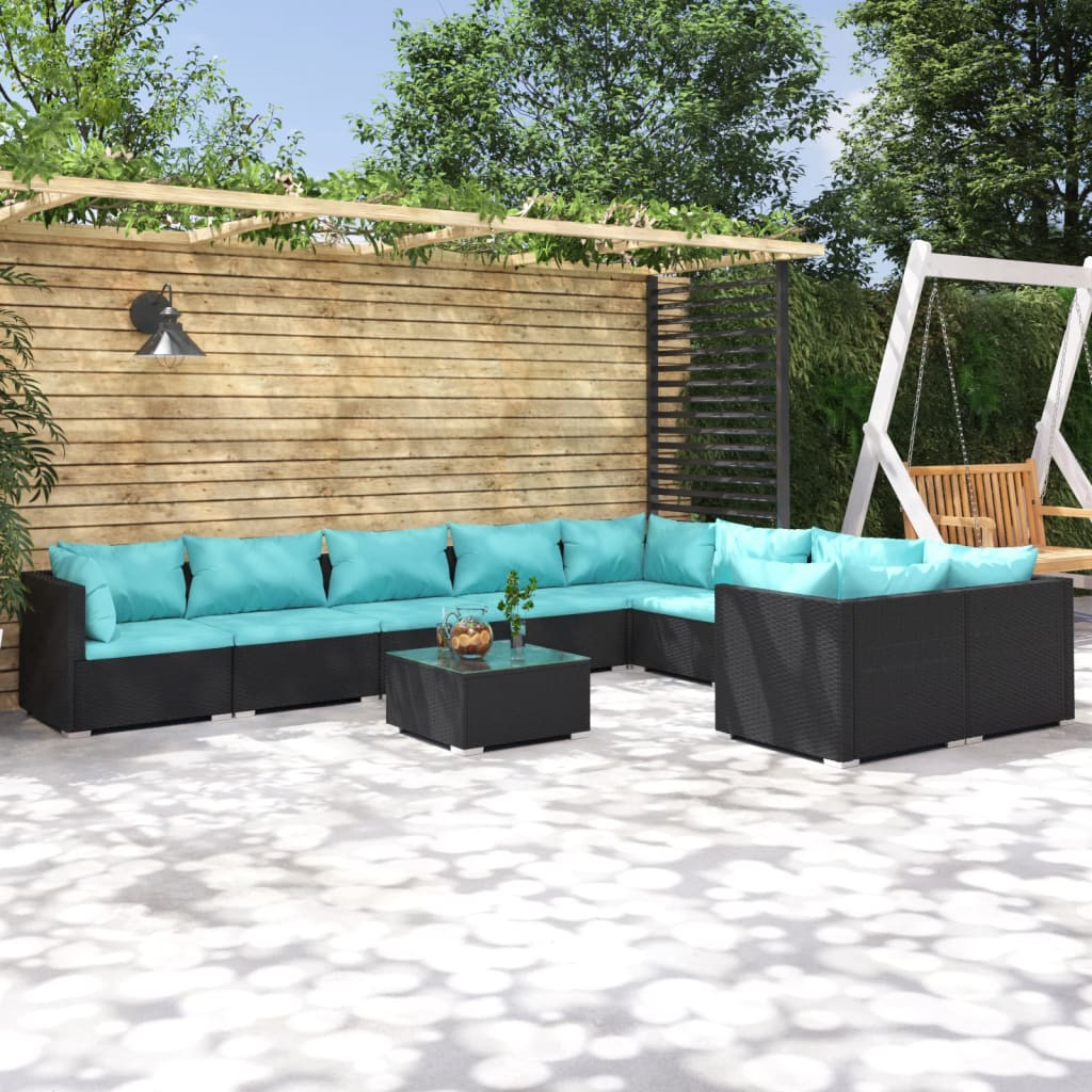 vidaXL 10-tlg. Garten-Lounge-Set mit Kissen Poly Rattan Schwarz