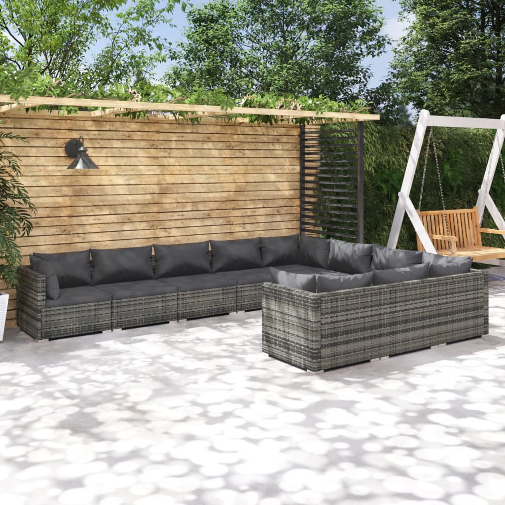 vidaXL 10-tlg. Garten-Lounge-Set mit Kissen Poly Rattan Grau