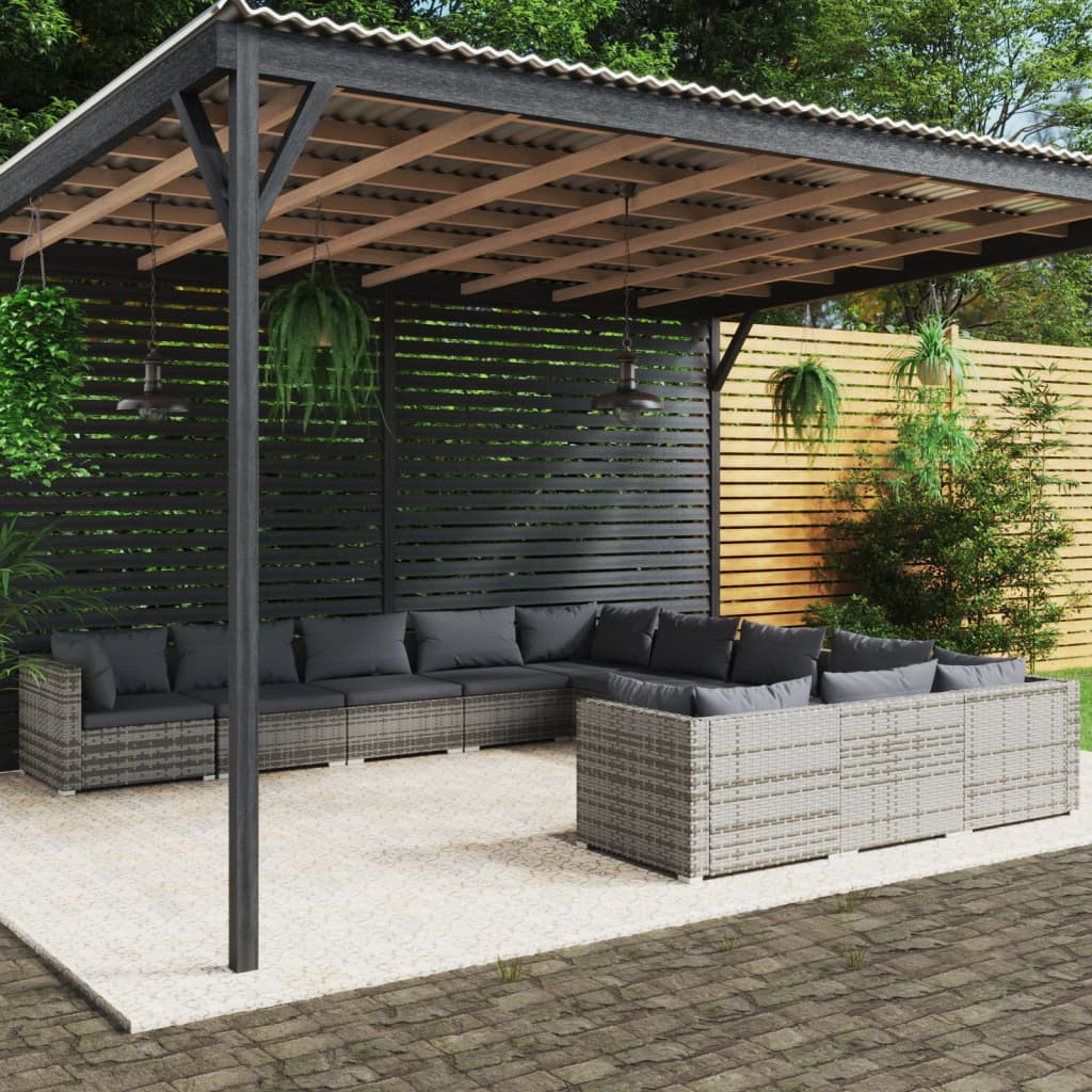 vidaXL 11-tlg. Garten-Lounge-Set mit Kissen Poly Rattan Grau