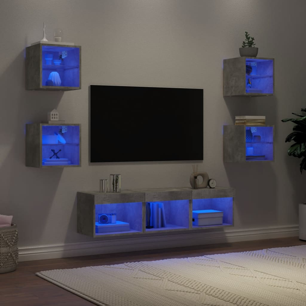 vidaXL 7-tlg. Wohnwand mit LED-Beleuchtung Betongrau Holzwerkstoff