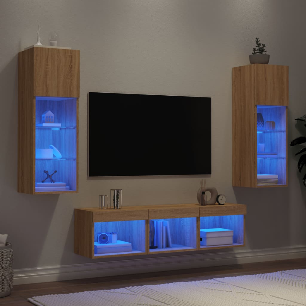 vidaXL 5-tlg. Wohnwand mit LED-Beleuchtung Sonoma-Eiche Holzwerkstoff