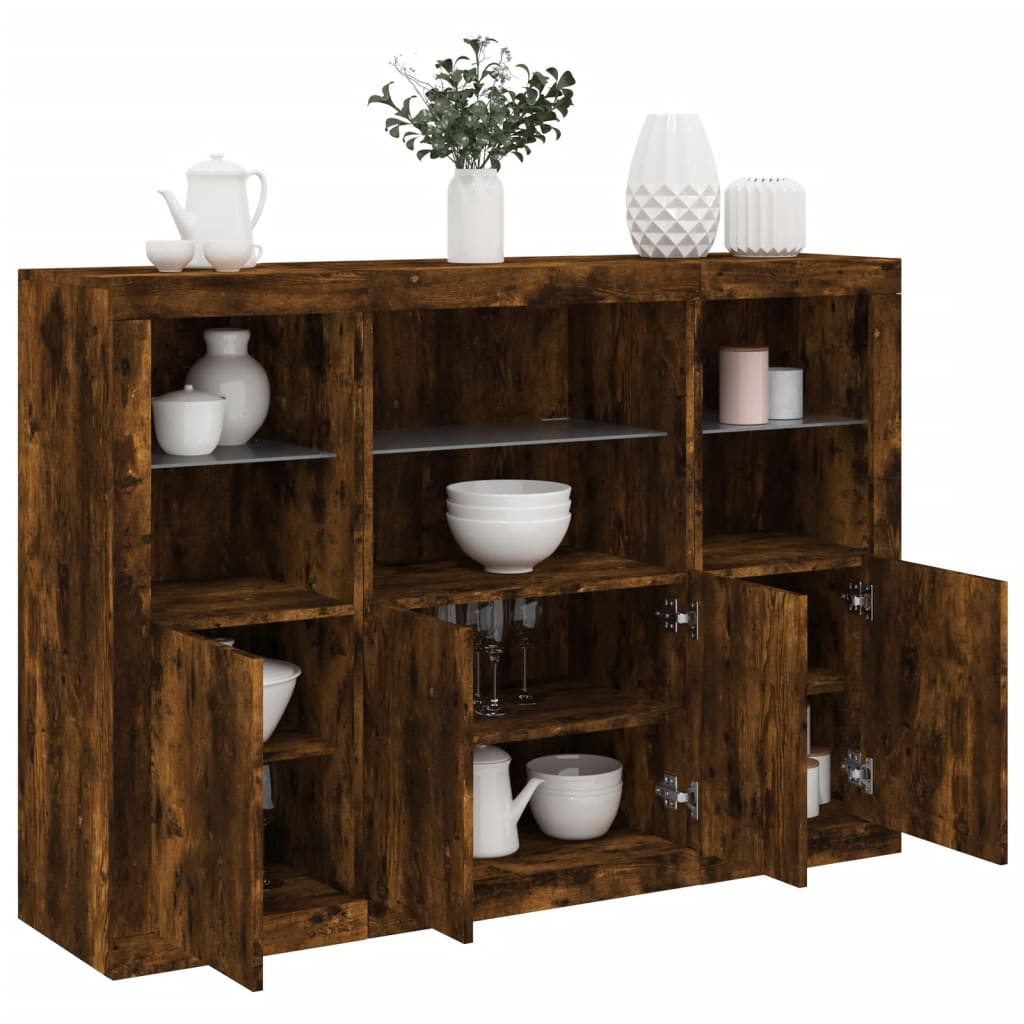 vidaXL Sideboards mit LED-Leuchten 3 Stk. Räuchereiche Holzwerkstoff