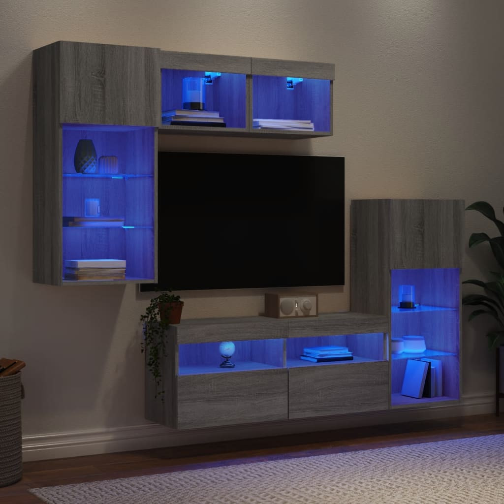 vidaXL 5-tlg. Wohnwand mit LED-Beleuchtung Grau Sonoma Holzwerkstoff