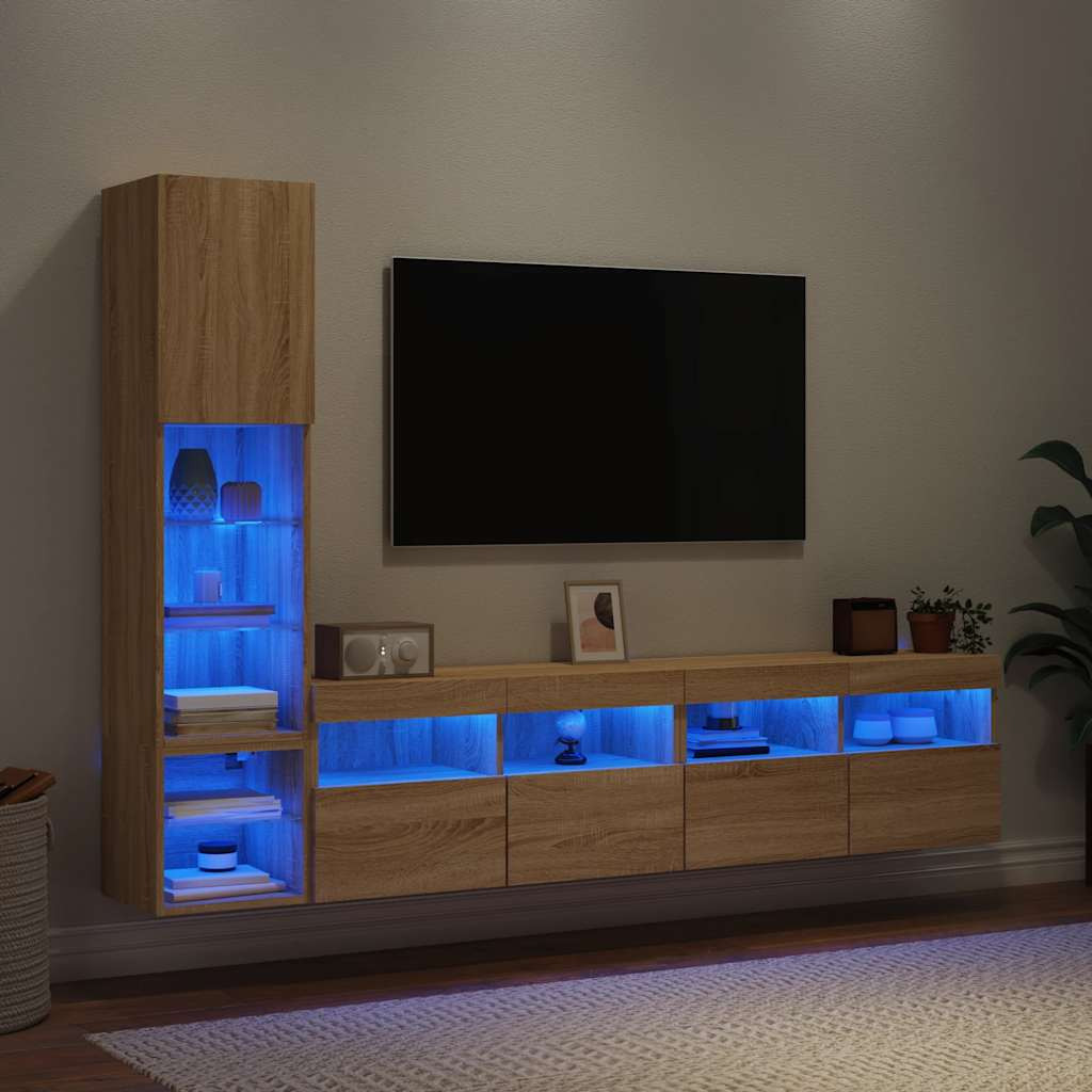 vidaXL 4-tlg. Wohnwand mit LED-Beleuchtung Sonoma-Eiche Holzwerkstoff