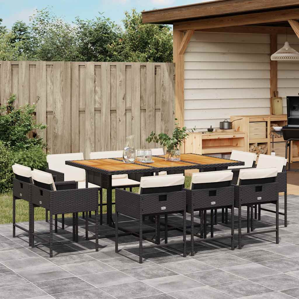 vidaXL 11-tlg. Garten-Essgruppe mit Kissen Schwarz Poly Rattan