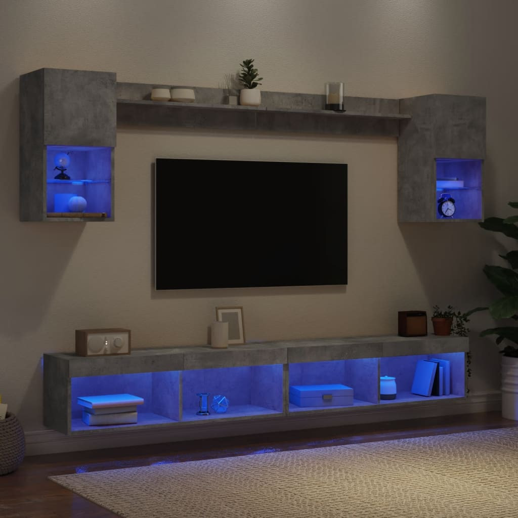 vidaXL 6-tlg. Wohnwand mit LED-Beleuchtung Betongrau Holzwerkstoff