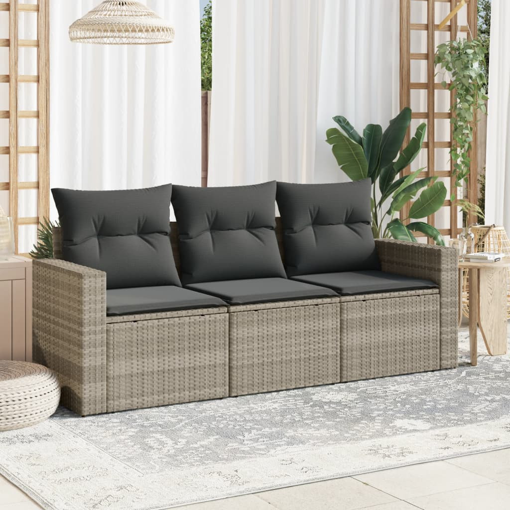 vidaXL 3-tlg. Garten-Sofagarnitur mit Kissen Hellgrau Poly Rattan