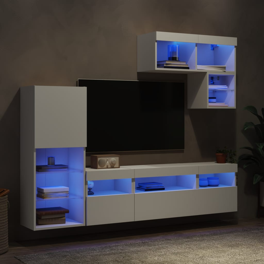 vidaXL 6-tlg. Wohnwand mit LED-Beleuchtung Weiß Holzwerkstoff