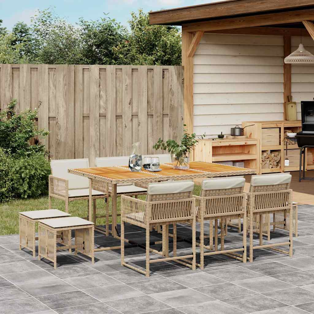 vidaXL 11-tlg. Garten-Essgruppe mit Kissen Beige Poly Rattan