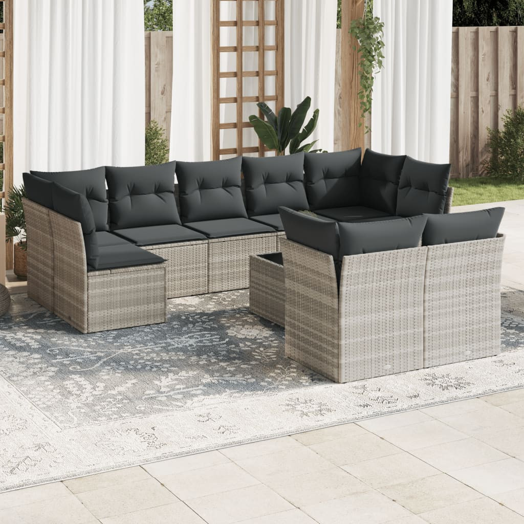 vidaXL 10-tlg. Garten-Sofagarnitur mit Kissen Hellgrau Poly Rattan