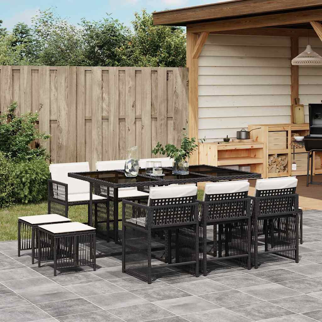 vidaXL 11-tlg. Garten-Essgruppe mit Kissen Schwarz Poly Rattan