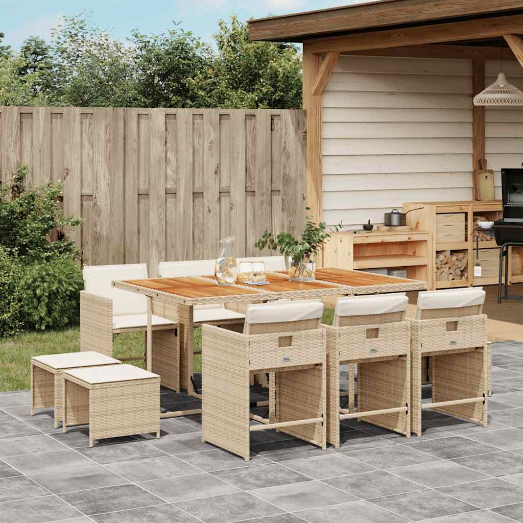 vidaXL 11-tlg. Garten-Essgruppe mit Kissen Beige Poly Rattan