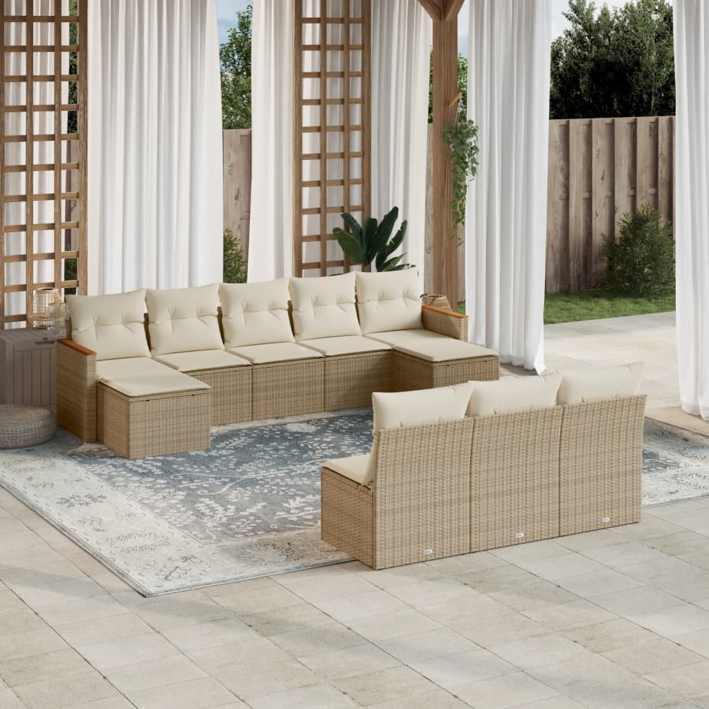 vidaXL 10-tlg. Garten-Sofagarnitur mit Kissen Beige Poly Rattan
