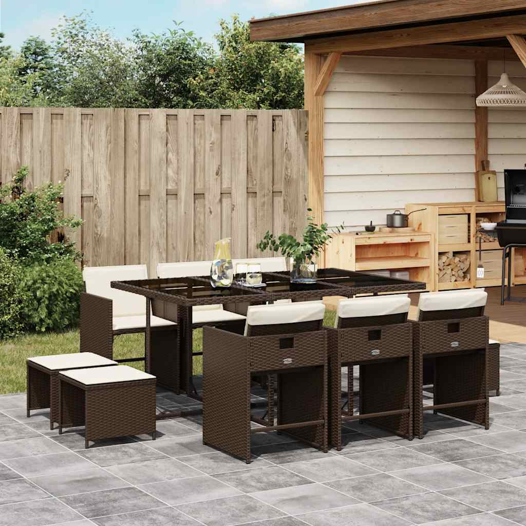 vidaXL 11-tlg. Garten-Essgruppe mit Kissen Braun Poly Rattan