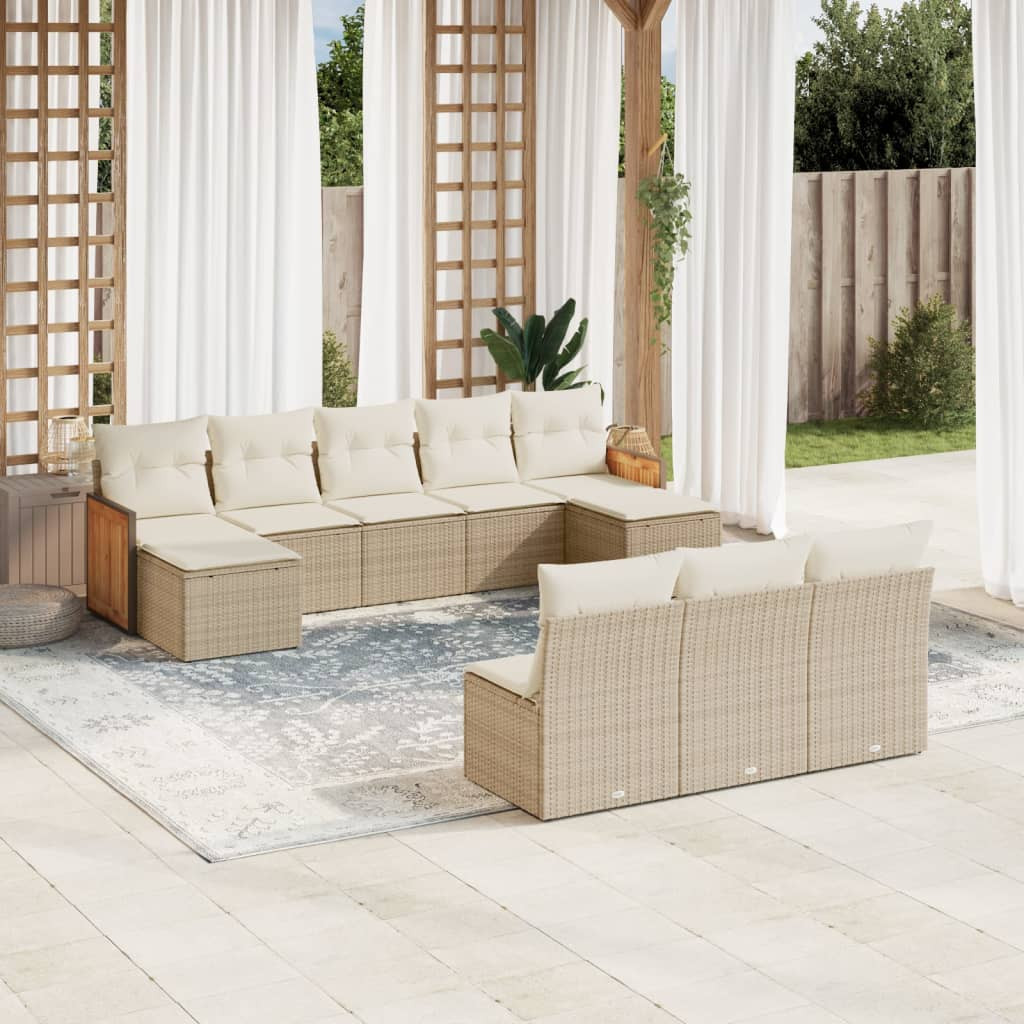 vidaXL 10-tlg. Garten-Sofagarnitur mit Kissen Beige Poly Rattan