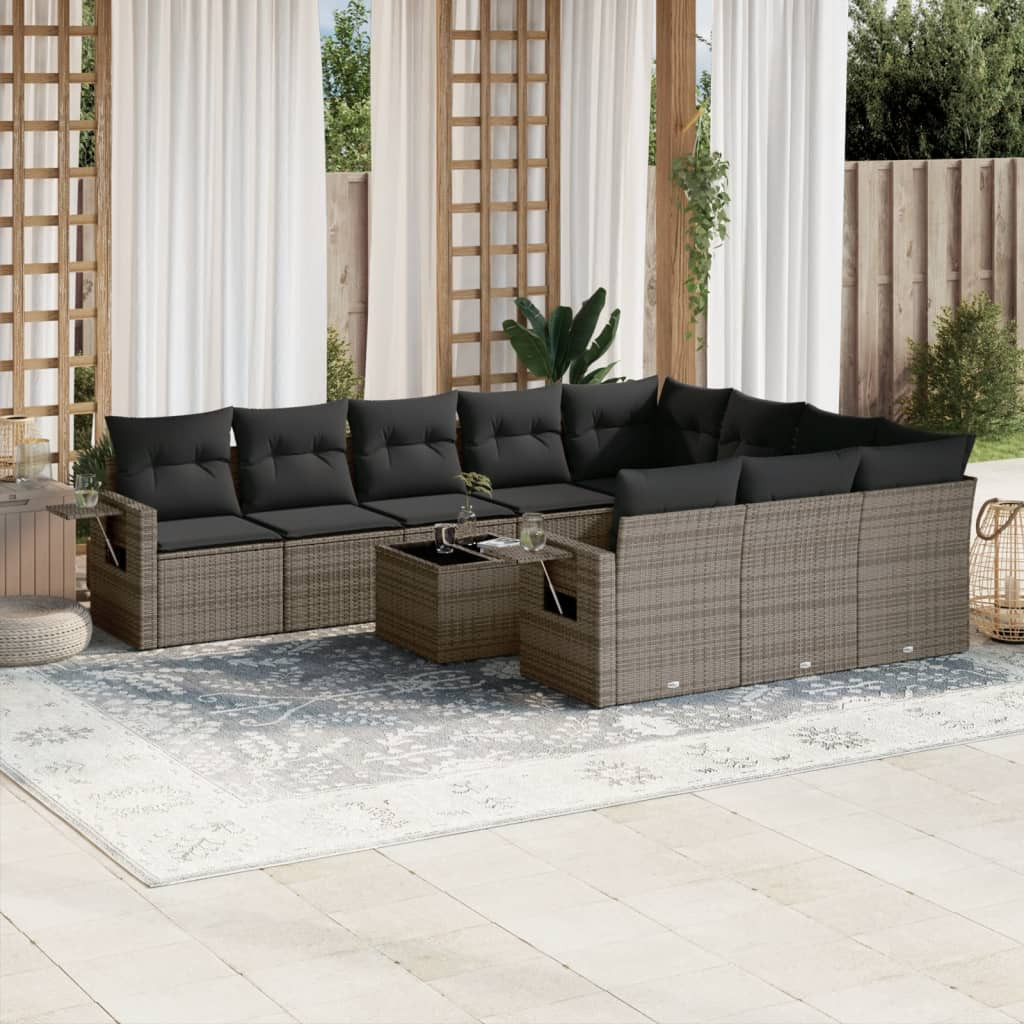 vidaXL 11-tlg. Garten-Sofagarnitur mit Kissen Grau Poly Rattan