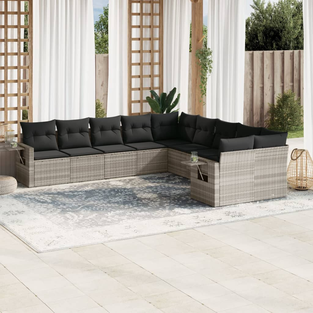 vidaXL 10-tlg. Garten-Sofagarnitur mit Kissen Hellgrau Poly Rattan