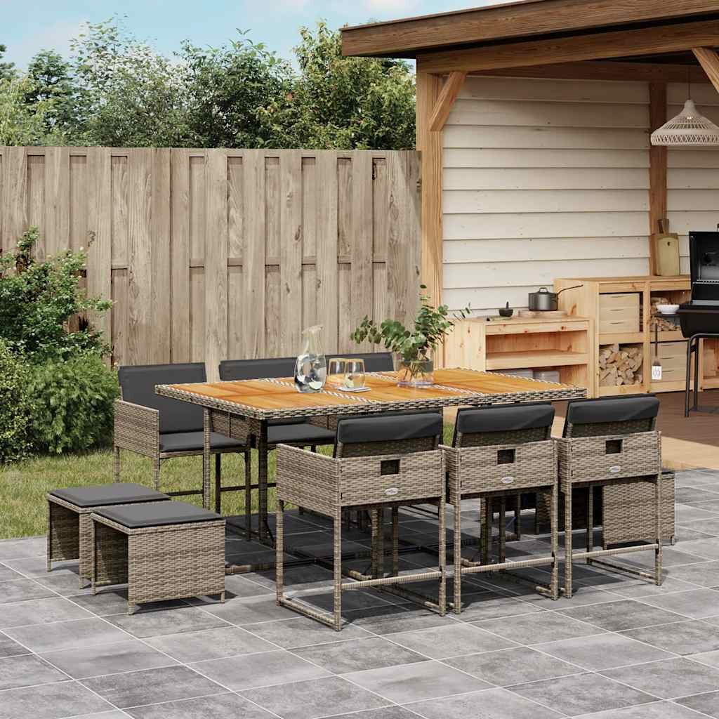 vidaXL 11-tlg. Garten-Essgruppe mit Kissen Grau Poly Rattan