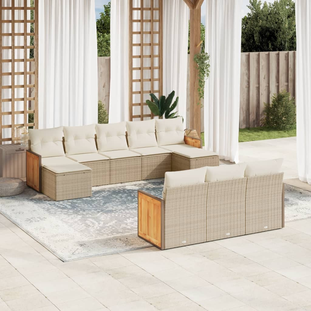 vidaXL 10-tlg. Garten-Sofagarnitur mit Kissen Beige Poly Rattan