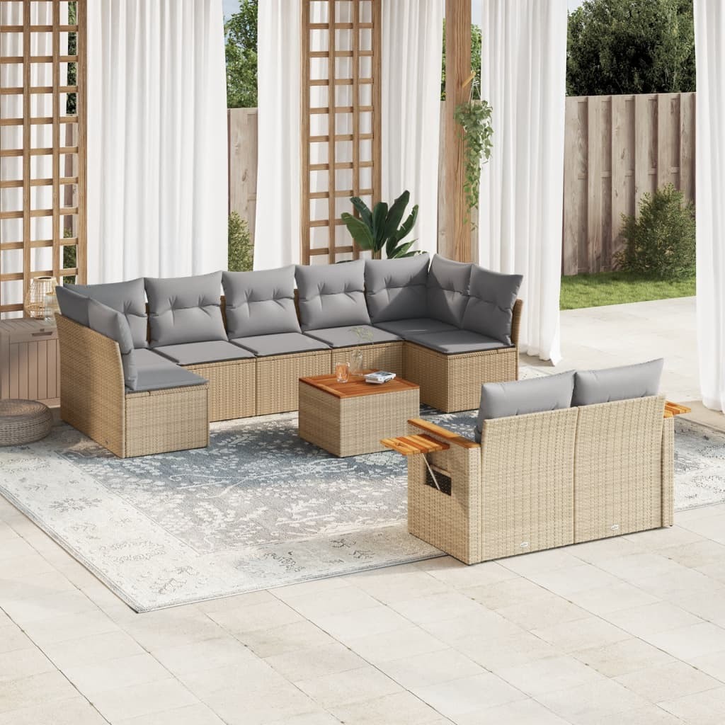 vidaXL 10-tlg. Garten-Sofagarnitur mit Kissen Beige Poly Rattan
