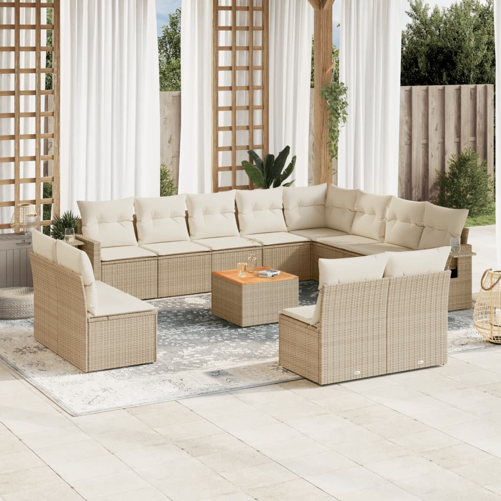 vidaXL 13-tlg. Garten-Sofagarnitur mit Kissen Beige Poly Rattan
