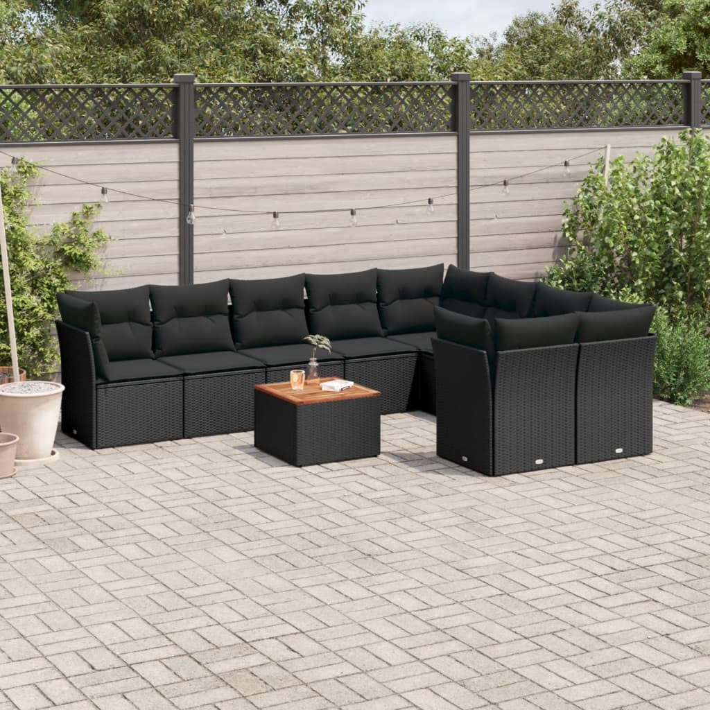 vidaXL 10-tlg. Garten-Sofagarnitur mit Kissen Schwarz Poly Rattan