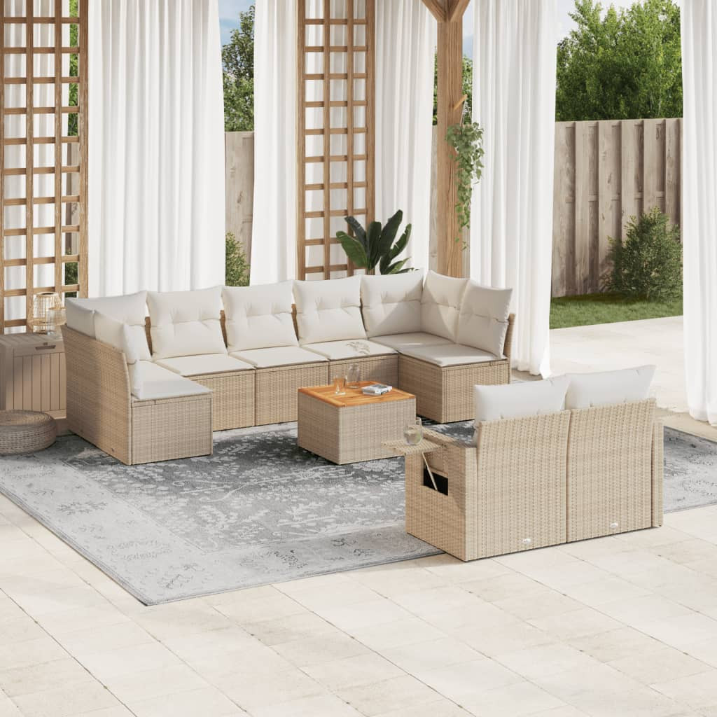 vidaXL 10-tlg. Garten-Sofagarnitur mit Kissen Beige Poly Rattan