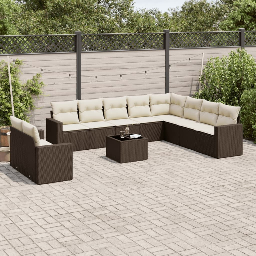 vidaXL 11-tlg. Garten-Sofagarnitur mit Kissen Braun Poly Rattan