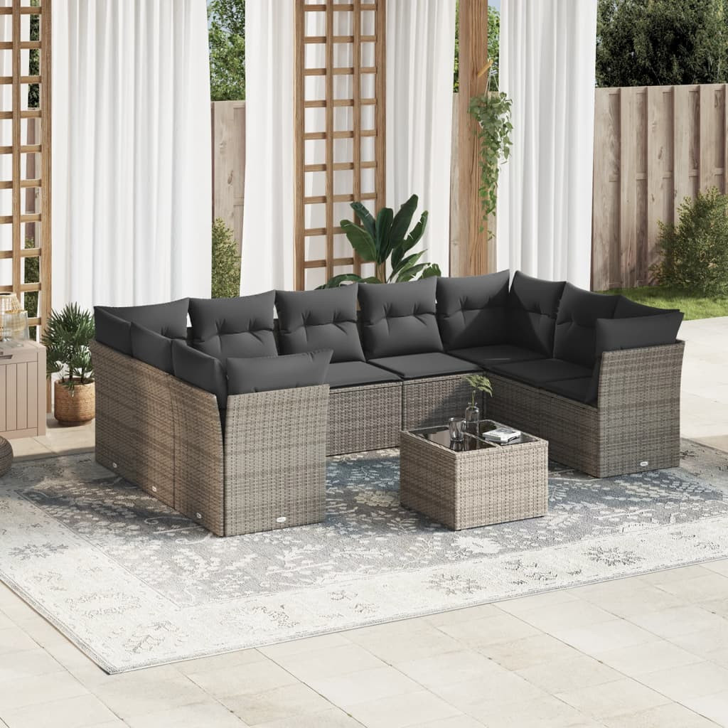 vidaXL 10-tlg. Garten-Sofagarnitur mit Kissen Grau Poly Rattan