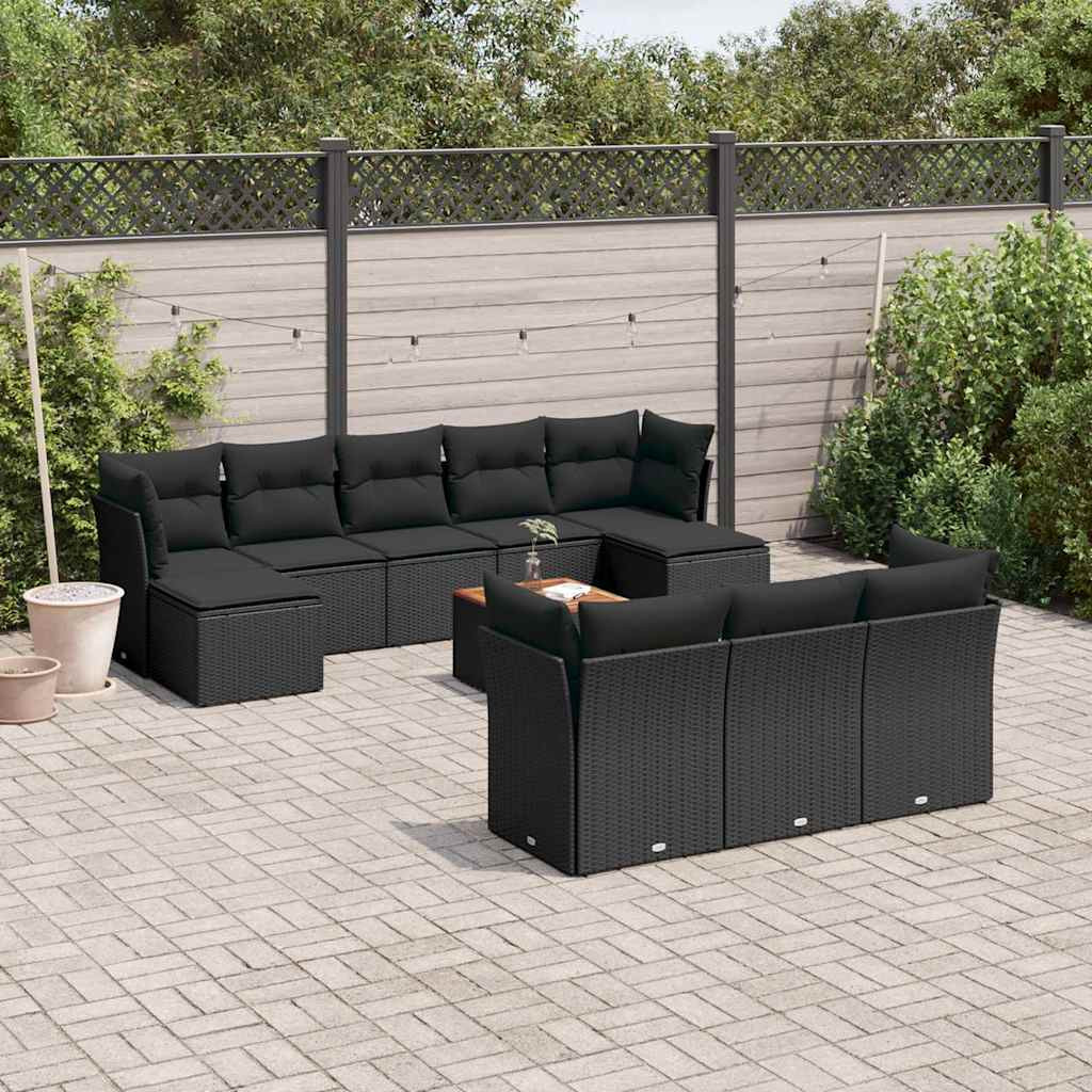 vidaXL 11-tlg. Garten-Sofagarnitur mit Kissen Schwarz Poly Rattan