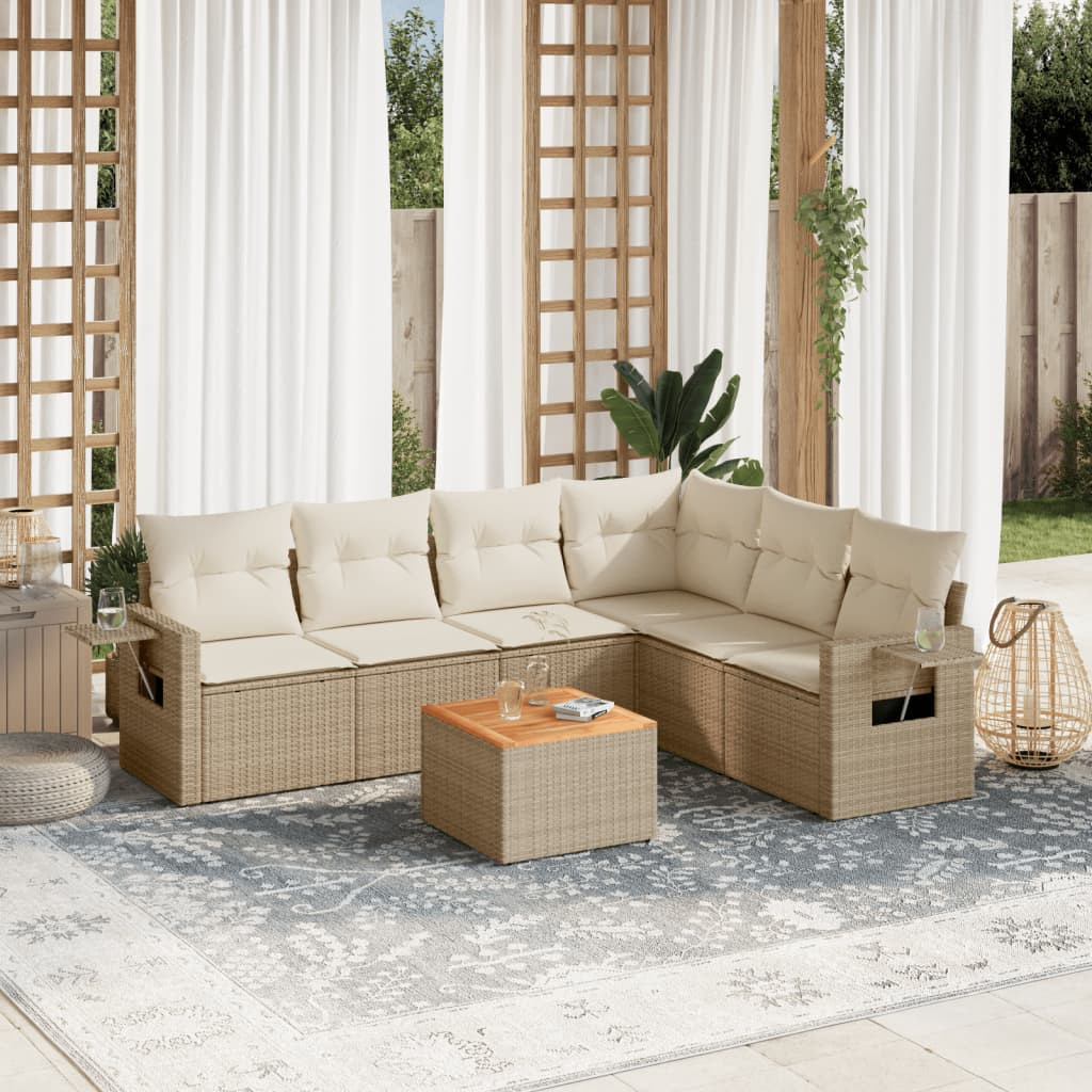 vidaXL 7-tlg. Garten-Sofagarnitur mit Kissen Beige Poly Rattan