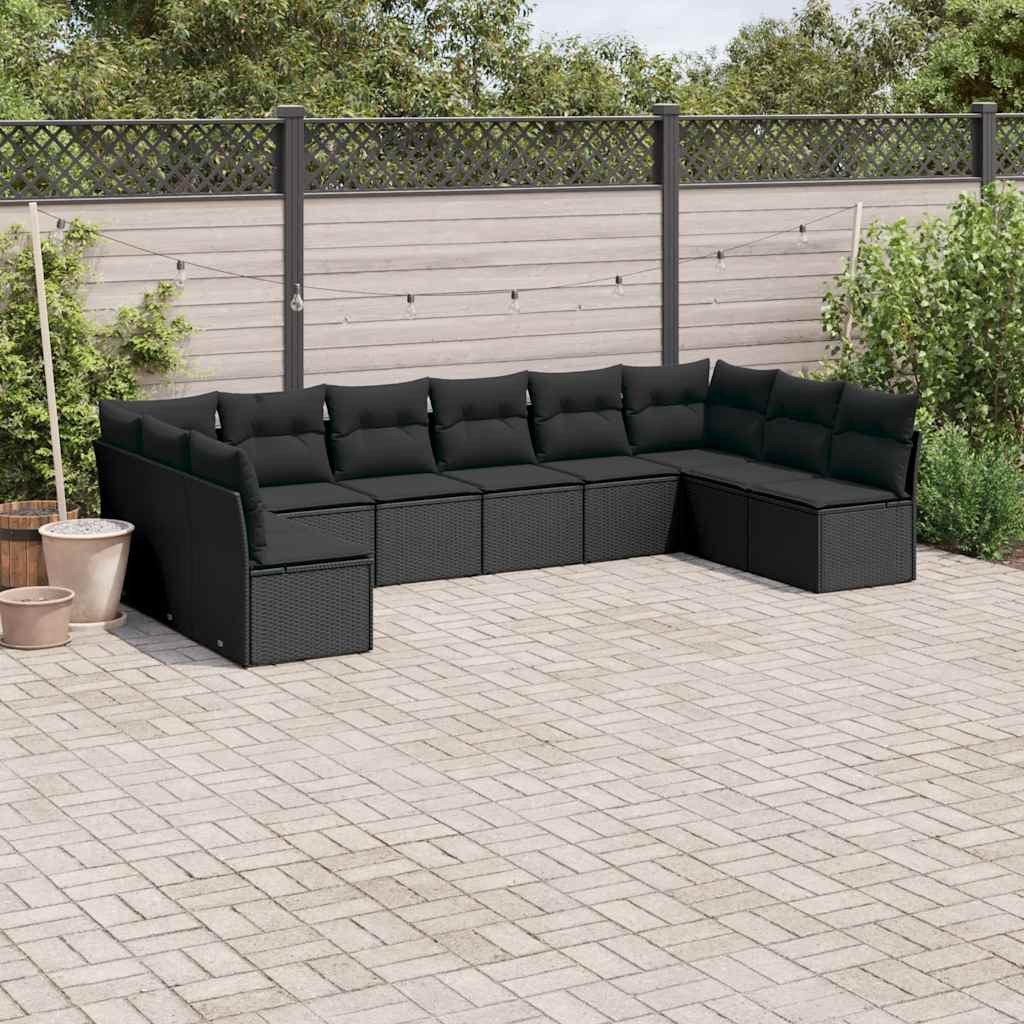 vidaXL 10-tlg. Garten-Sofagarnitur mit Kissen Schwarz Poly Rattan
