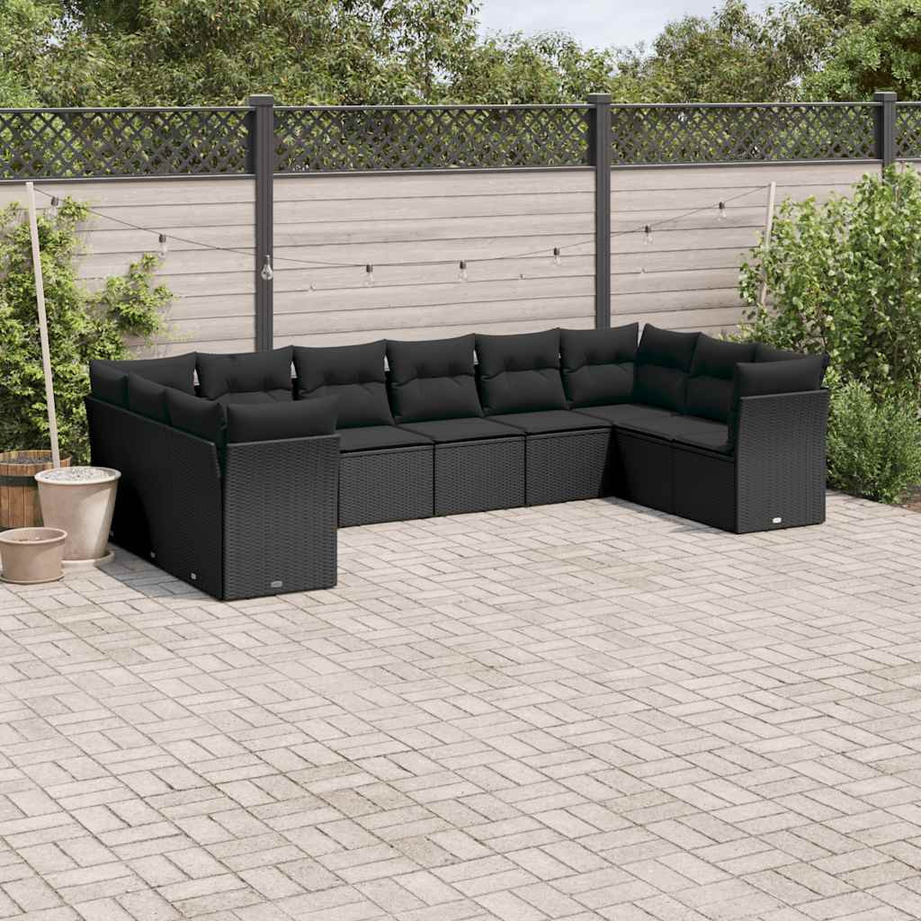 vidaXL 10-tlg. Garten-Sofagarnitur mit Kissen Schwarz Poly Rattan