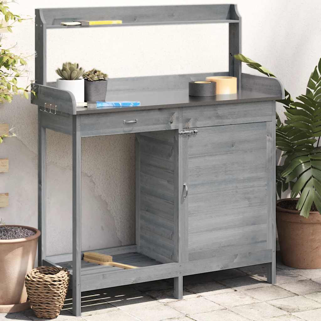 vidaXL Pflanztisch mit Schrank Grau 110,5x45x124,5 cm Massivholz Tanne