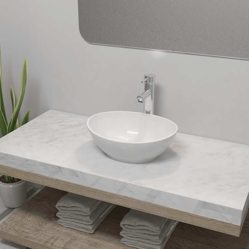 vidaXL Bad-Waschbecken mit Mischbatterie Keramik Oval Weiß