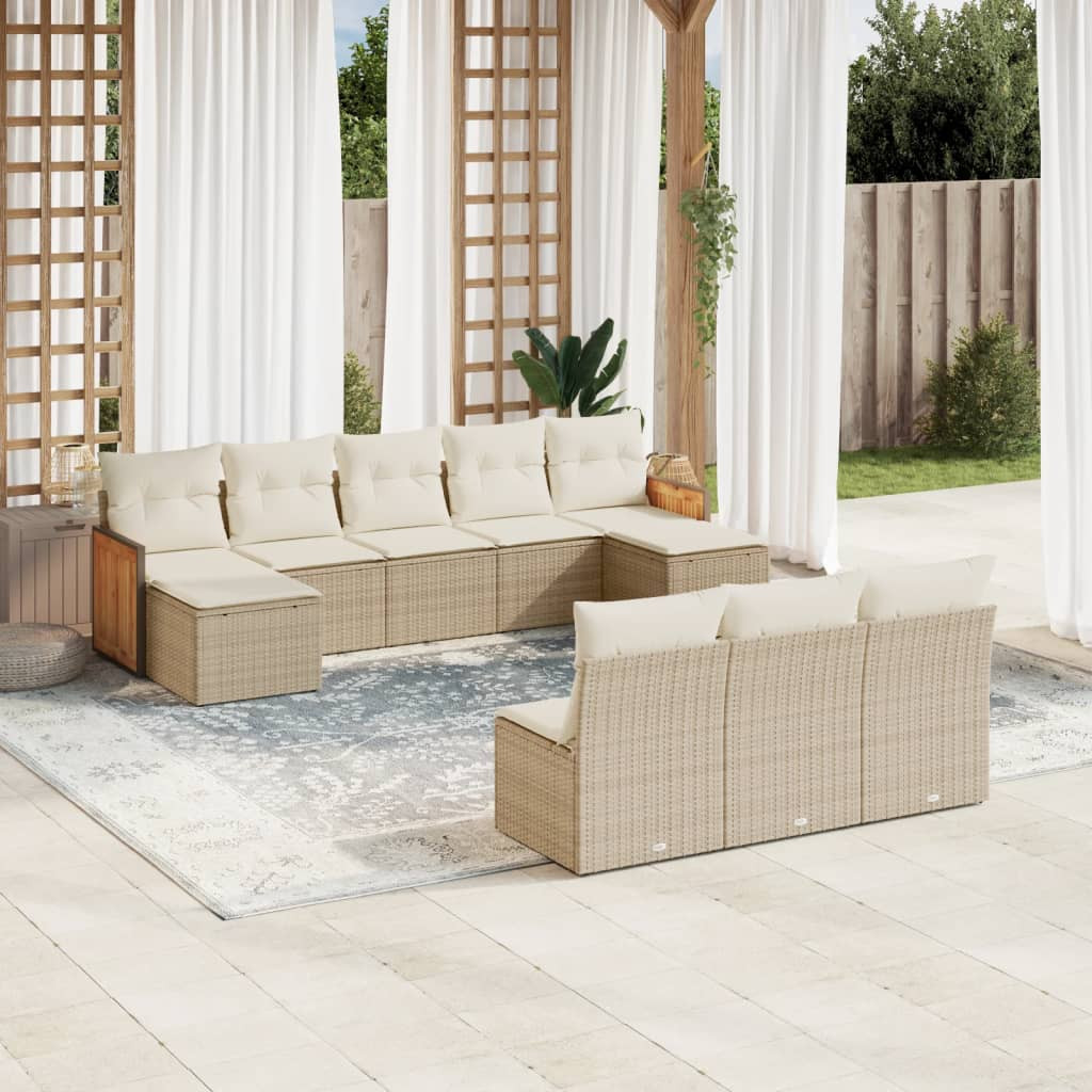 vidaXL 10-tlg. Garten-Sofagarnitur mit Kissen Beige Poly Rattan