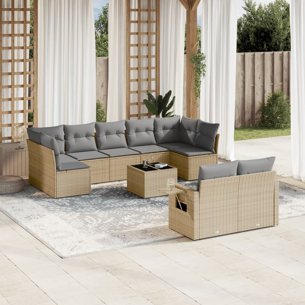 vidaXL 10-tlg. Garten-Sofagarnitur mit Kissen Beige Poly Rattan