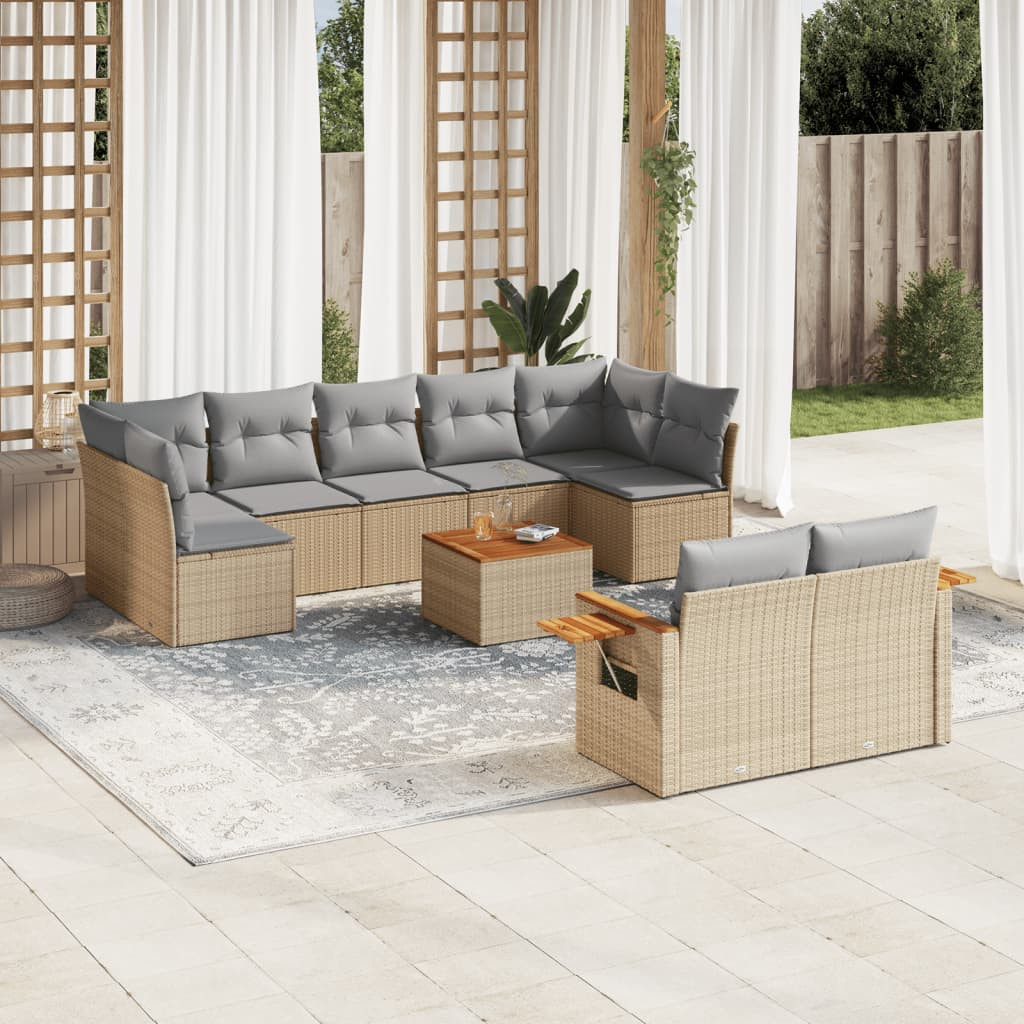 vidaXL 10-tlg. Garten-Sofagarnitur mit Kissen Beige Poly Rattan