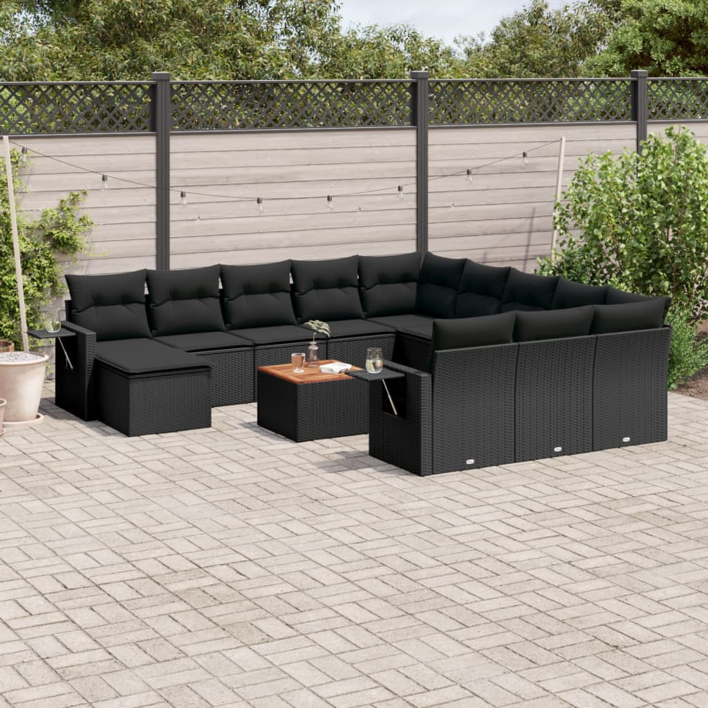 vidaXL 13-tlg. Garten-Sofagarnitur mit Kissen Schwarz Poly Rattan
