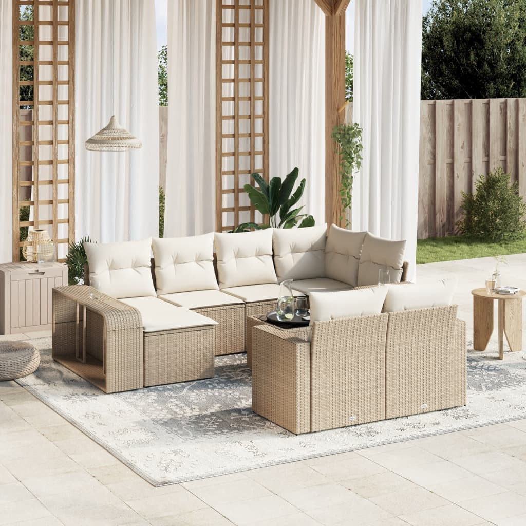 vidaXL 11-tlg. Garten-Sofagarnitur mit Kissen Beige Poly Rattan